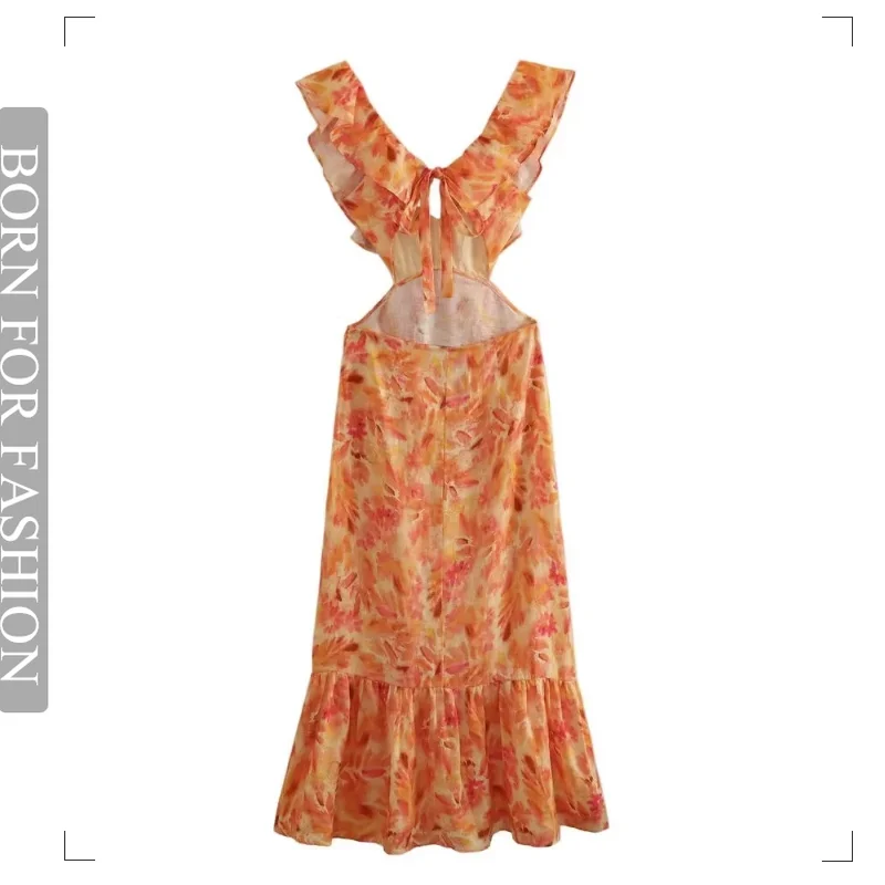 

Sleeveless Sexy Party Dresses 2023 Print Ruffle Dress Woman Ruched Backless Long Dress Women Beach Holiday Summer Dresses