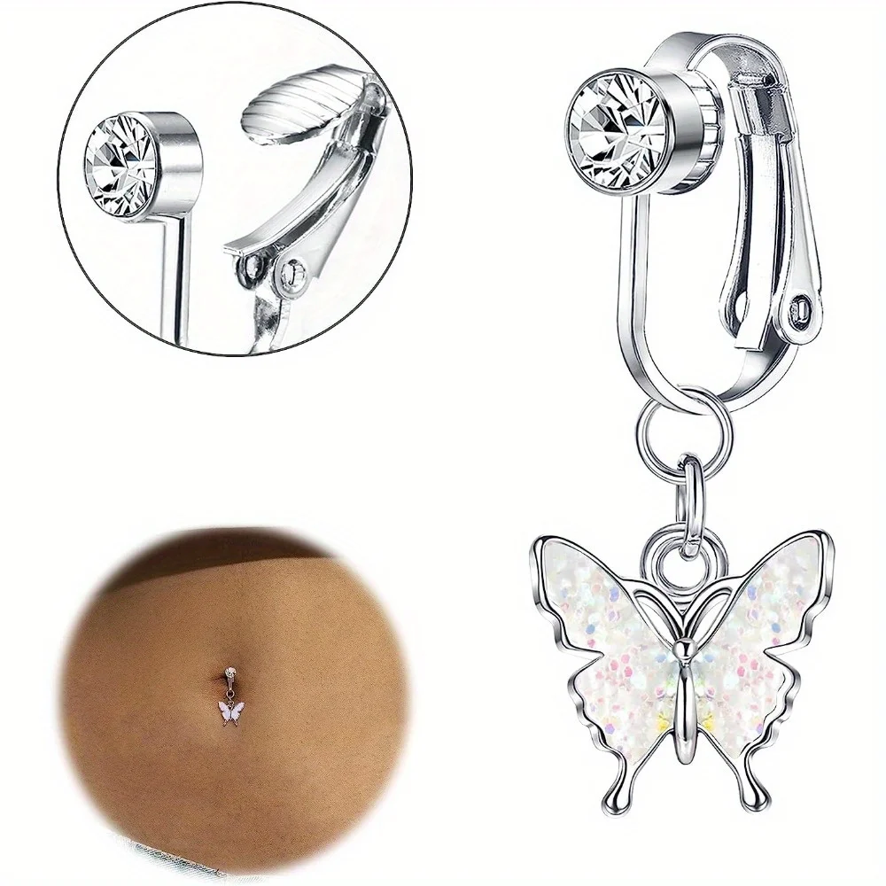 

Diamday 1Pcs Silver Fake Belly Button Piercings Surgical Steel Belly Bars Clip On Cubic Zirconia Belly Jewelery for Women Girls