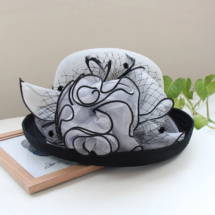 British Lady Deby Race Fedora Hat Summer Church Elegant Sinamay Flower  Linen Sun Cap Women Vaction Curl Brimmed Cloche Hats - AliExpress 200000297