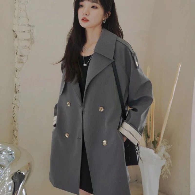 

Women Coat 2023 Winter Clothes Jacket Trench Solid Long Sleeved Tops Lapels Double Row Buttons Short Windbreaker Ladies Work