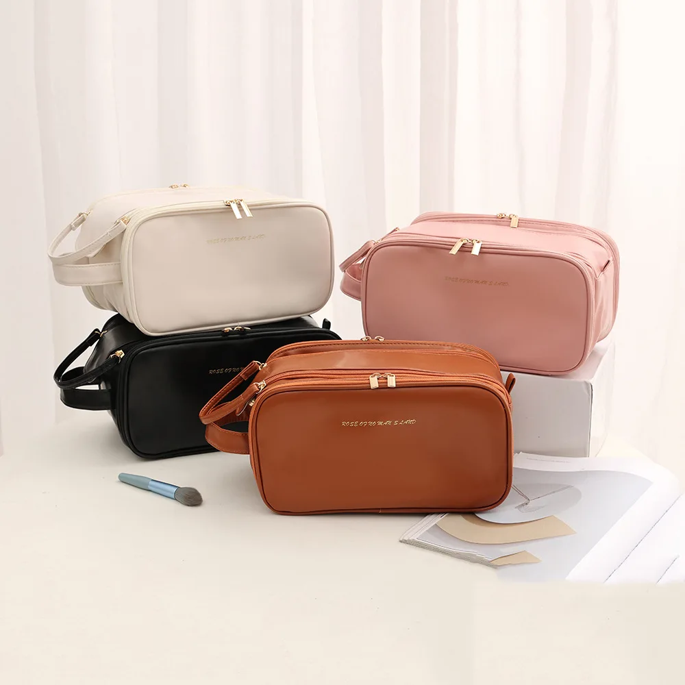 Instagram style large capacity makeup bag, portable PU travel storage bag, three-layer makeup bag