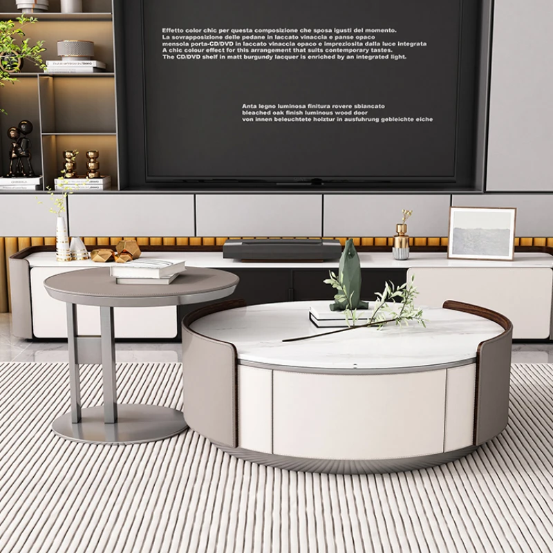

Light Luxury Minimalist Saddle Leather Stone Plate round Tea Table TV Cabinet and Tea Table Side Table Combination