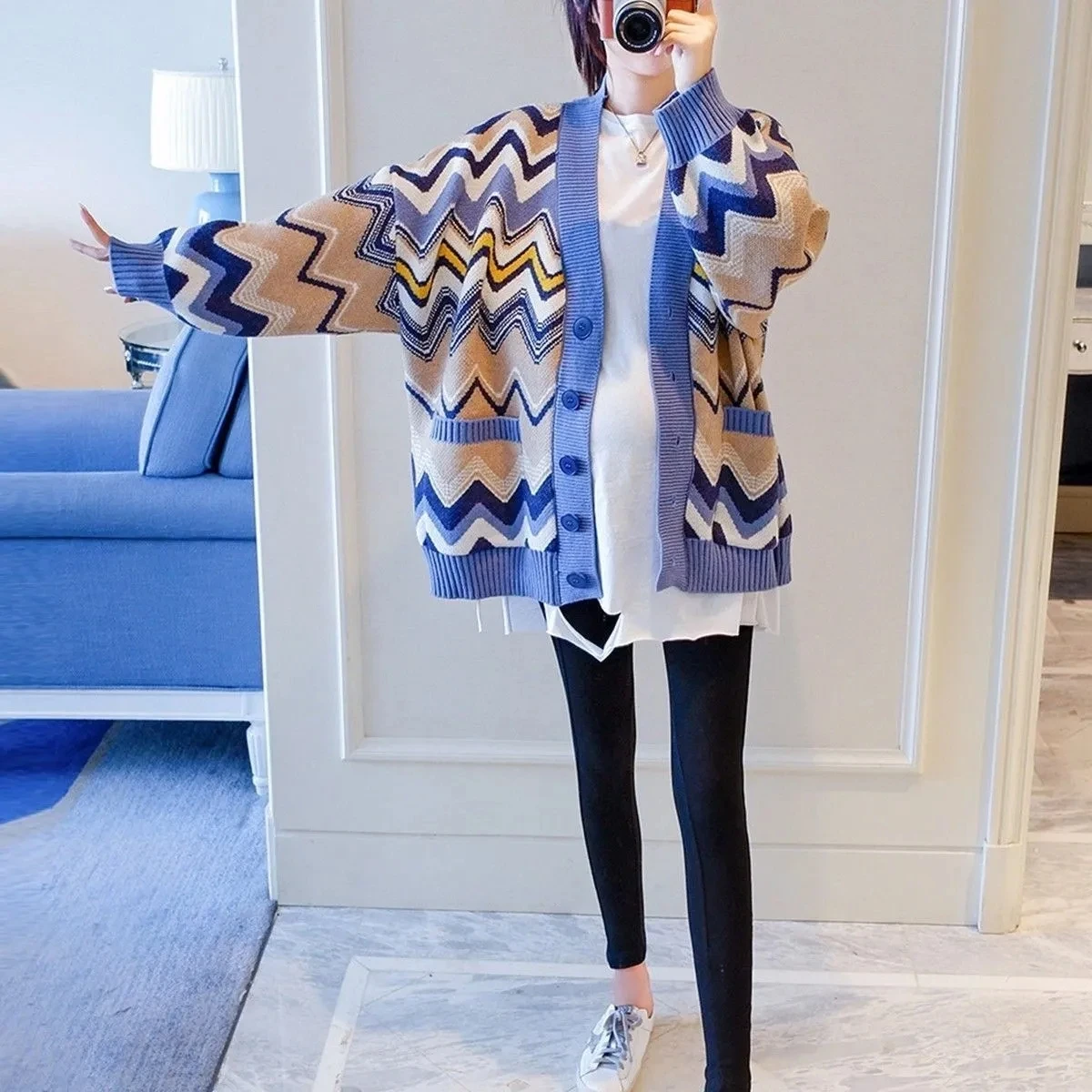 Pregnant Women'S Autumn And Winter Sweater Coat Fashion Korean Loose Top Spring And Autumn Knitted Cardigan Set