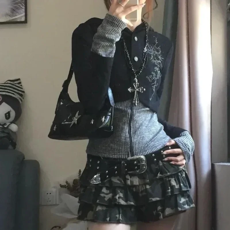 펑크 빈티지 패치 워크 까마귀 스웨터 Y2k 슬림 피트 긴 소매 니트 탑 Mujer 2024 가을 새로운 카디건 코트 스웨터 - AliExpress