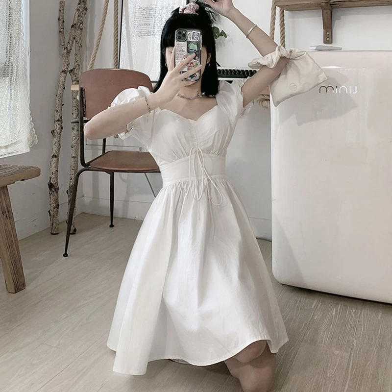 

Zoki Sweet Puff Sleeve Dress Women Korean Elegant Square Neck Slim Lace Up Dress Summer Vintage Solid Casual Preppy A Line Dress