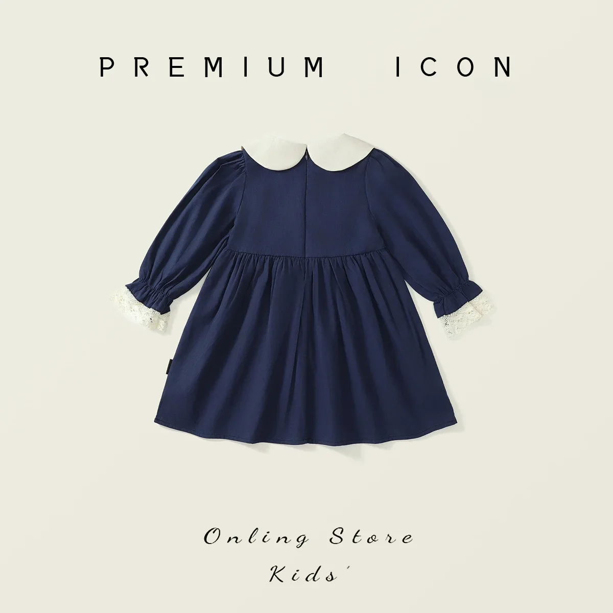 Girls Doll Collar Rabbit Embroidered Dress Autumn Korean Version Long-Sleeved Navy Blue Lapel Princess Dress