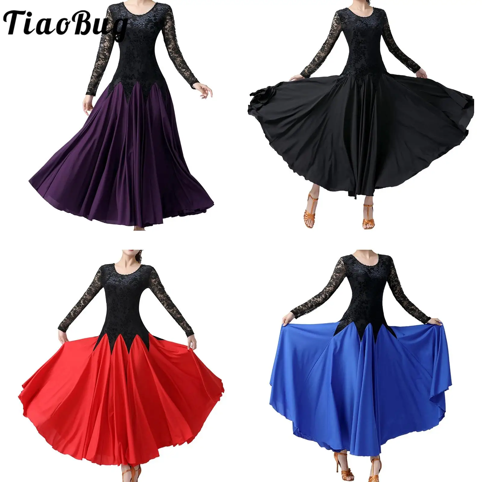 TiaoBug Womens Ballroom Dancing Dresses Long Sleeve Lace Patchwork Skirt for Waltz Cha-Cha Performance Competition