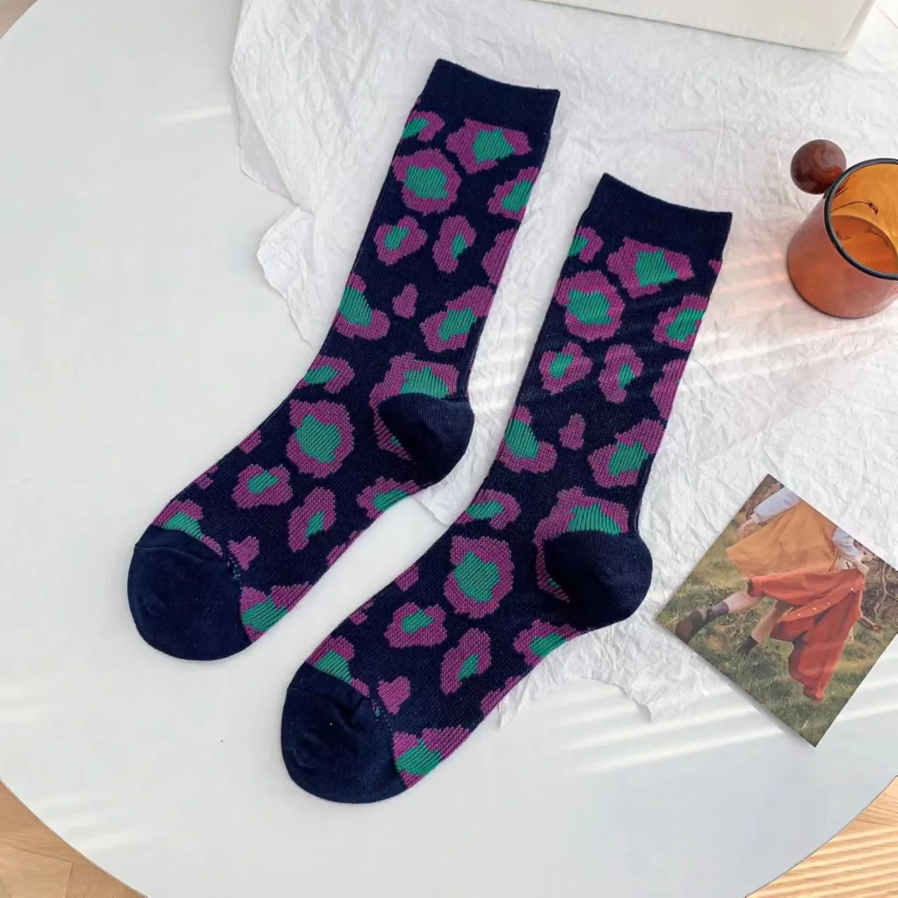1 Paar Damen Vintage Geometrische Socken, Mittellange Socken, Doppelnadel-Doppelpfad-Design, Modische Baumwollsocken – Detail 19