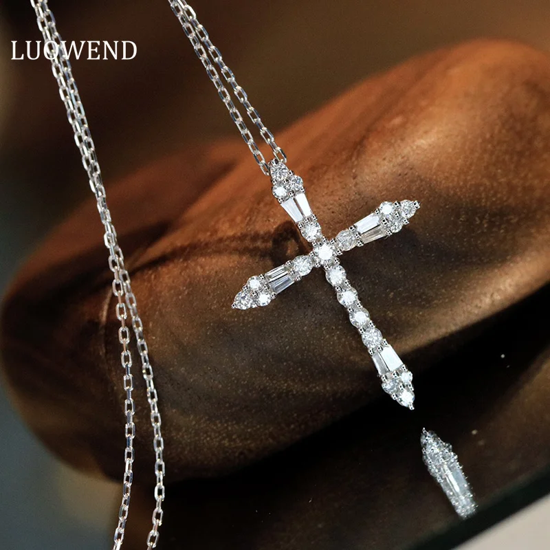 

LUOWEND 18K White Gold Necklace Classic Cross Design 0.45carat Real Natural Diamond Pendant Necklace for Women Birthday Gift