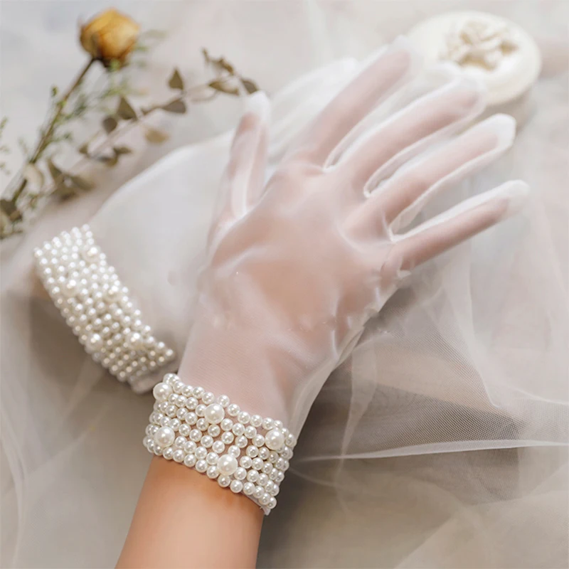 

New Wedding Gloves White Short Fashion Elegant Tulle Beads All Finger Women's Bridal Wedding Dress Party Accessories