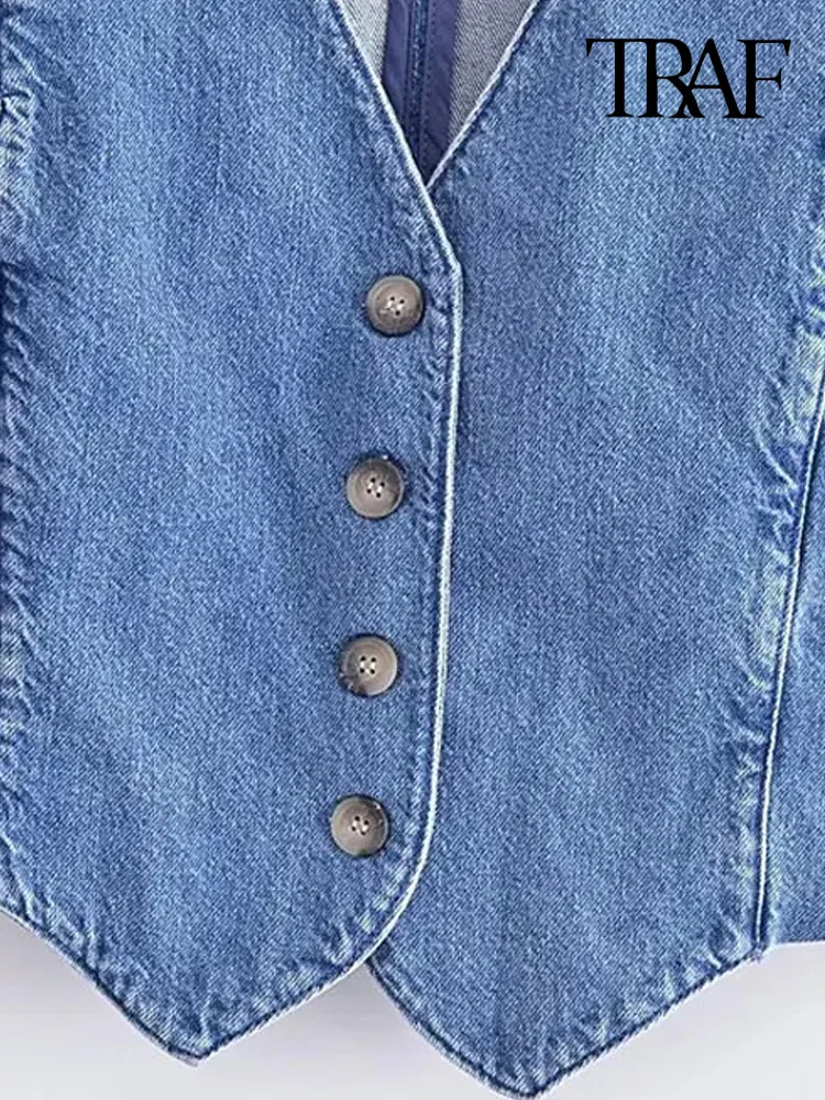 TRAF Women Fashion Front Button Denim Waistcoat Vintage V Neck Sleeveless Female Outerwear Chic Vest Tops 4