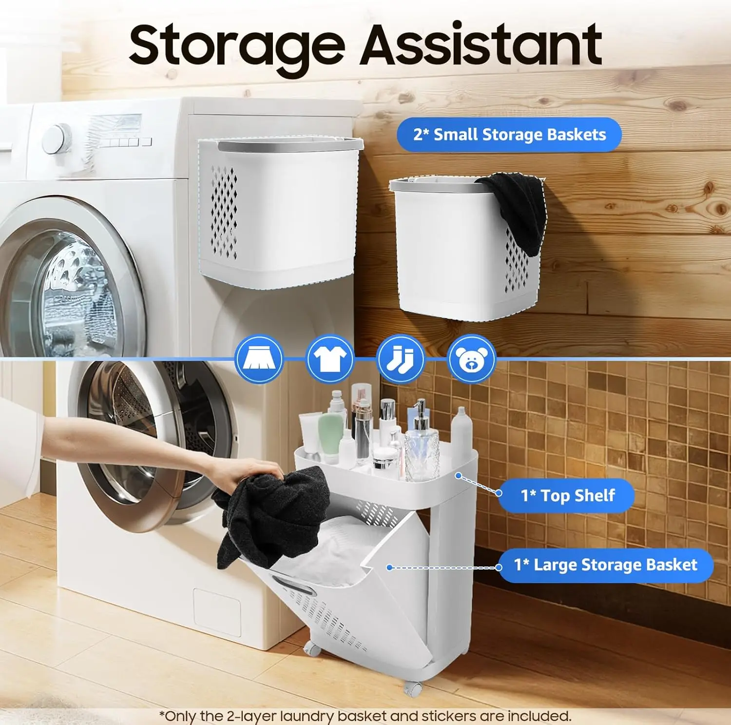 Laundry Basket Storage Clothes Hamper with Removable Wheels 3 Tier Laundry Tool Floor-Standing Large Hand-Held Clothes Basket