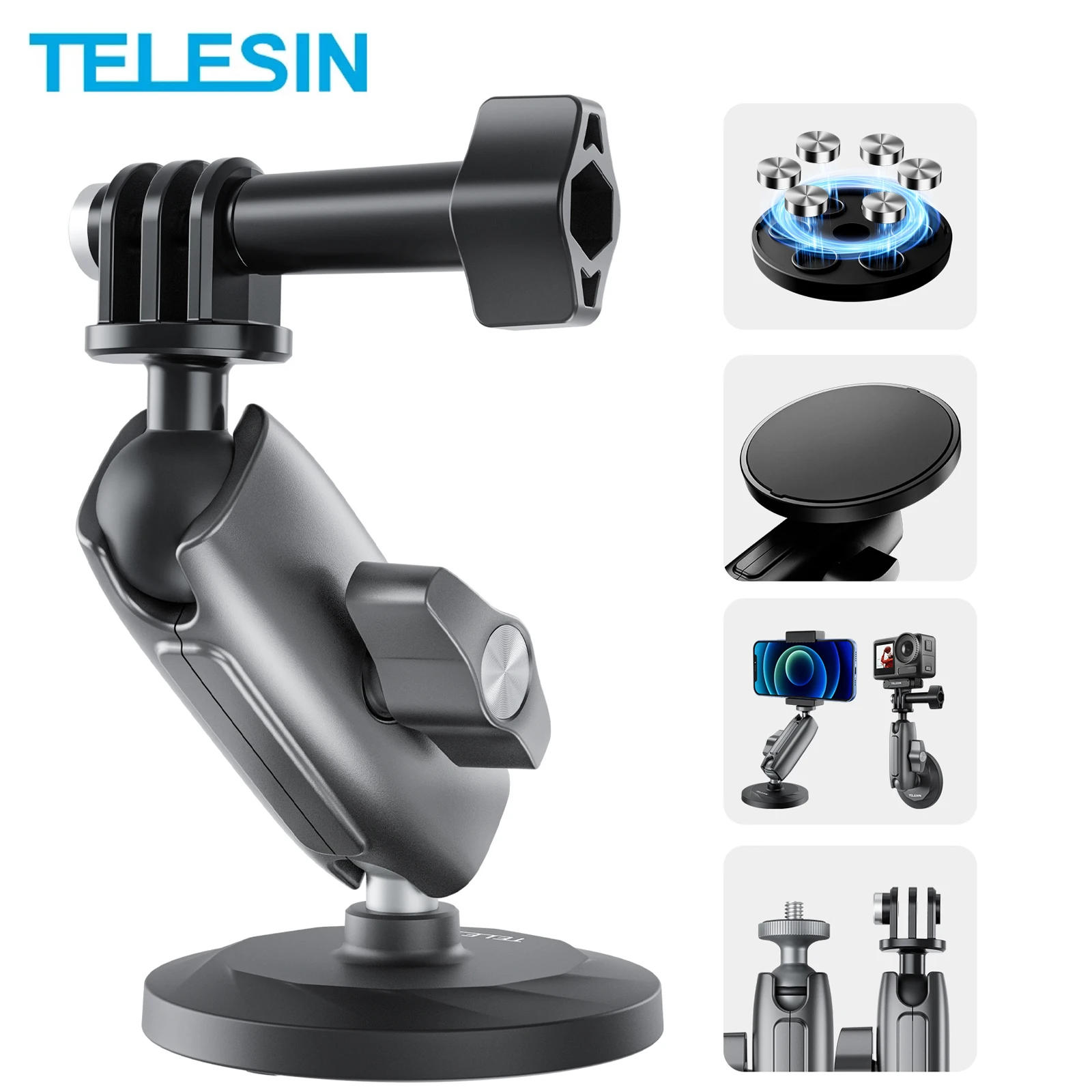 

TELESIN Aluminum Alloy Magnetic Camera Holder 360° Adjustable 1/4 Adapter For GoPro 9 10 11 12 Insta360 DJI Action 4 3 iPhone 14