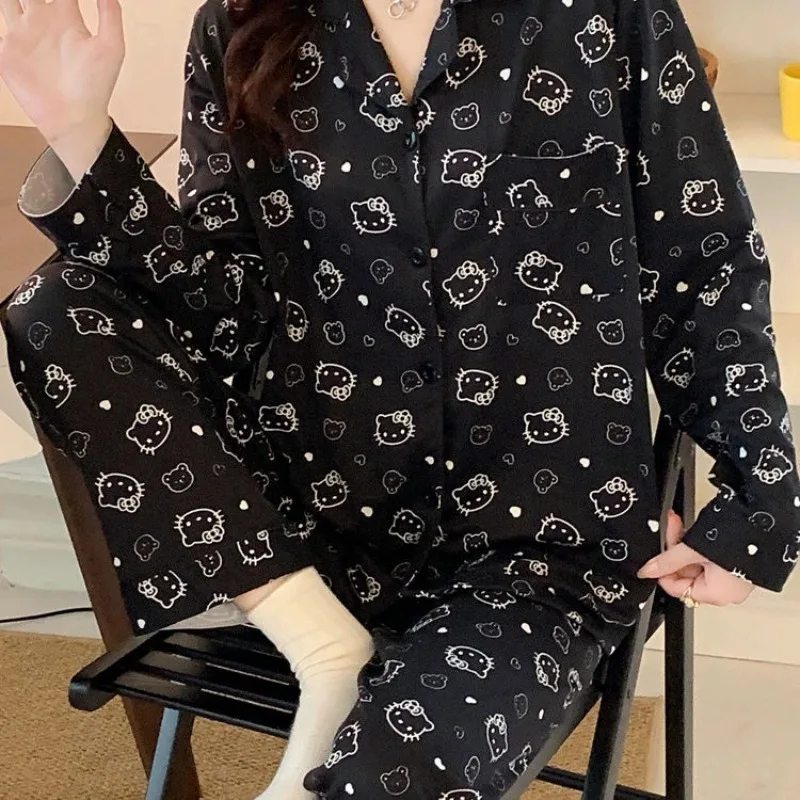 

Sanrio Hello Kitty Pajamas Cartoon Japanese Simple New Cute Sweet Girl Pajamas Set Spring and Autumn Cardigan Lapel Home Wear