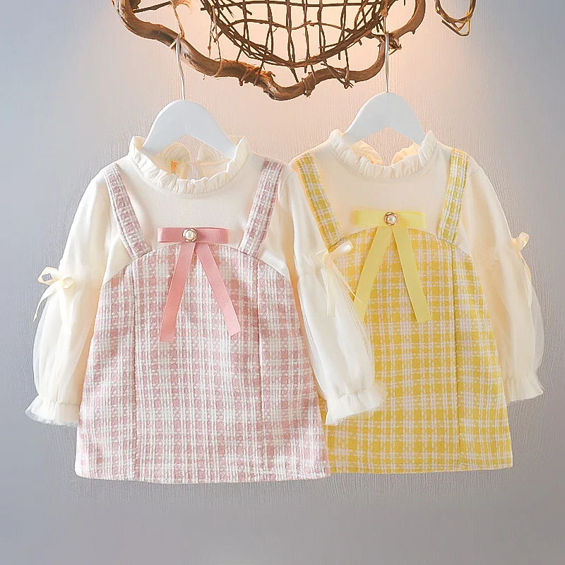 

2023 New Baby Girl Dress Autumn Sweet Style Long Sleeve Toddler Princess Birthday Party Dress Plaid Kid Clothes Vestido 0-3Y