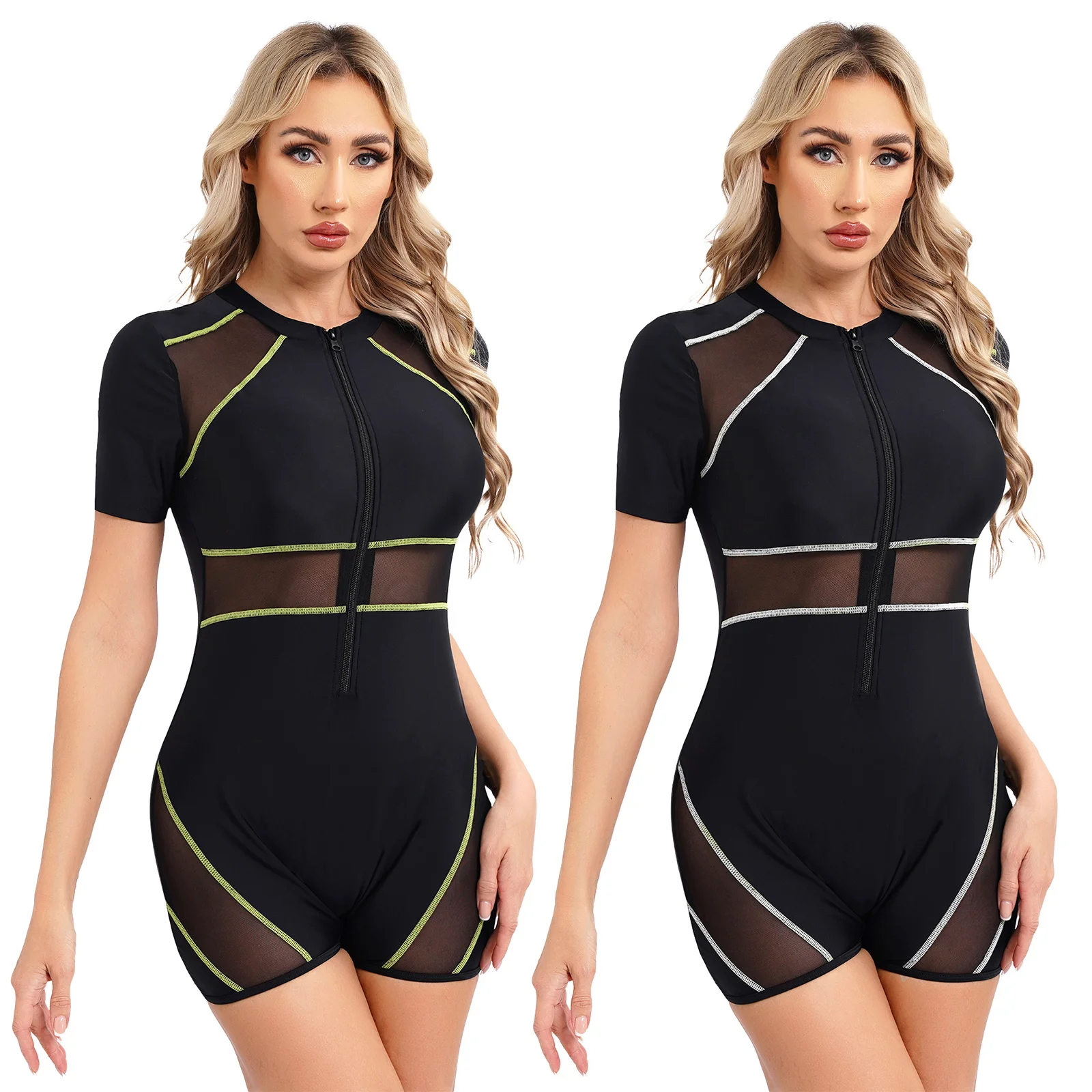 Women One-piece Athletic Swimsuit Short Sleeve Padded Boyleg Zipper Swimwear Sheer Patchwork UPF 50 Rash Guard Beach Surfing