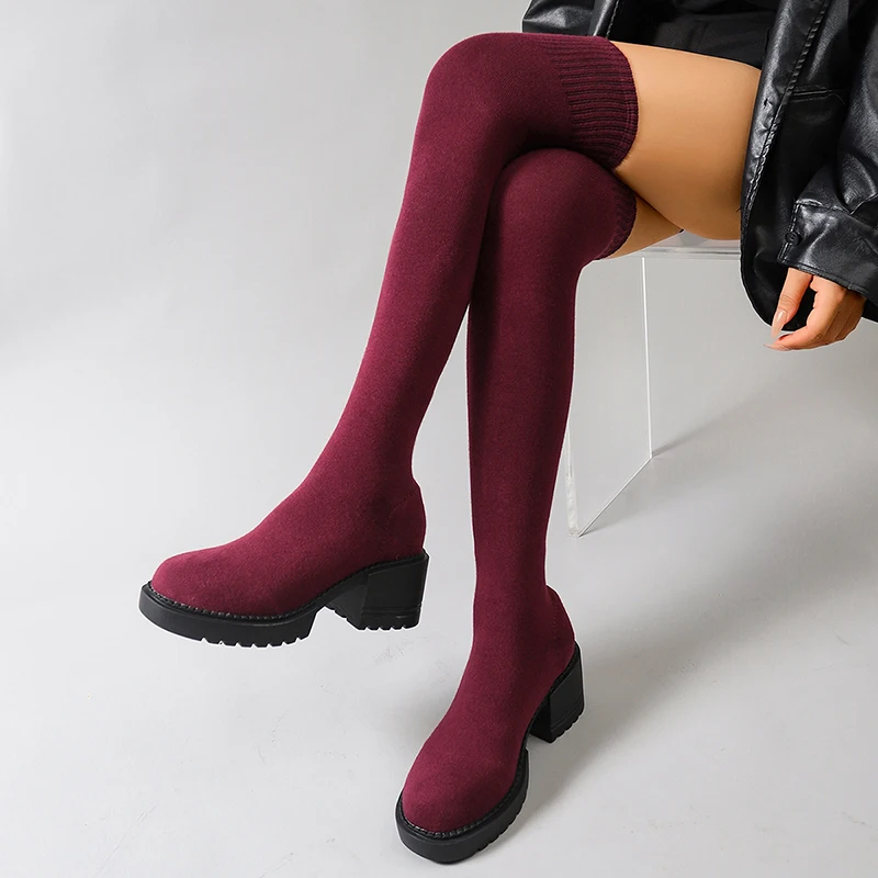 Fashion Chunky Heel Over The Knee Boots Women Plus Size 35-42 Stretch Knitted Sock Boots Woman Non Slip High Heels Long Botas