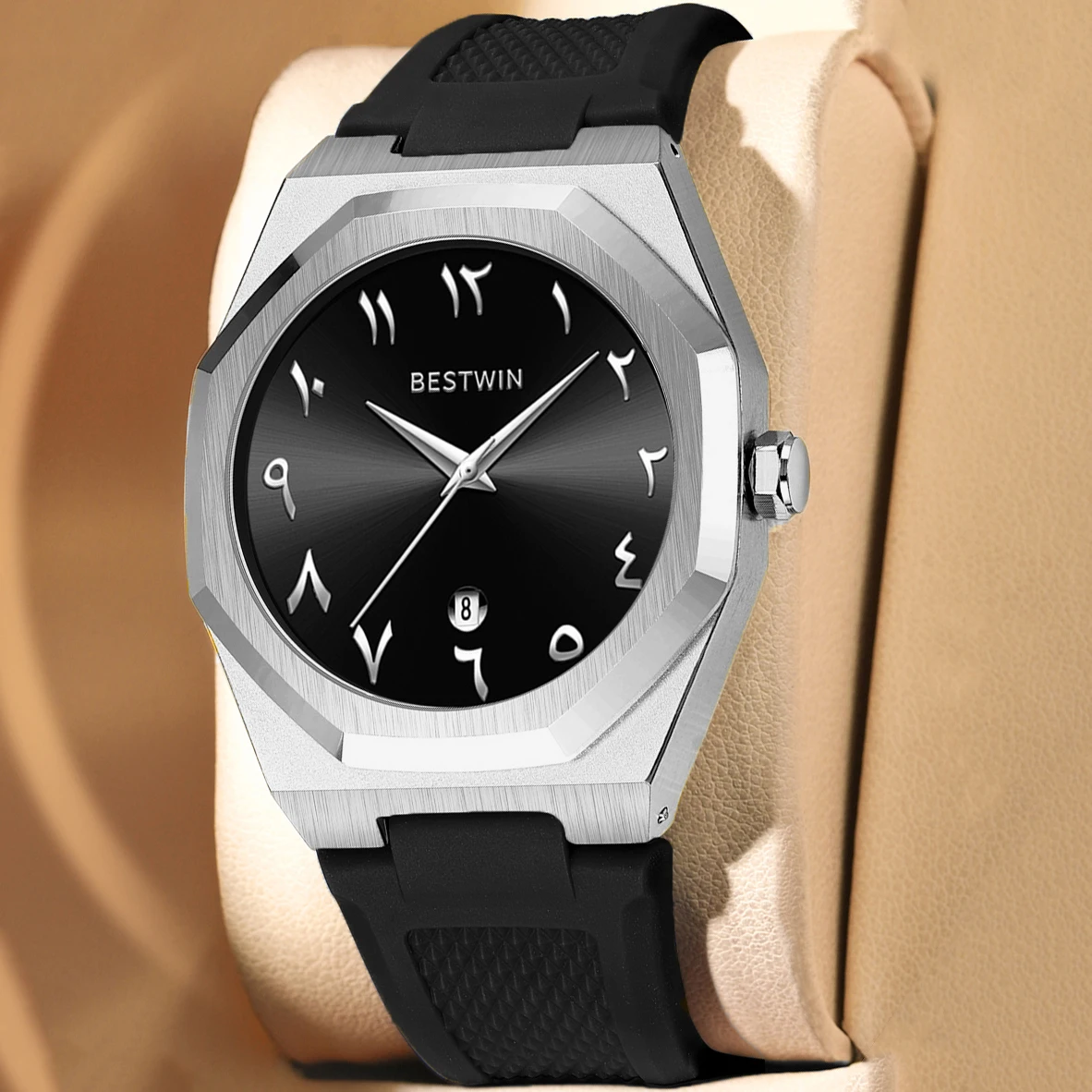 BESTWIN Fashion Luxury Arabic Men's Quartz Watch Business Casual Silicone Strap Mens Wristwatch Family Friends Birthday Gifts