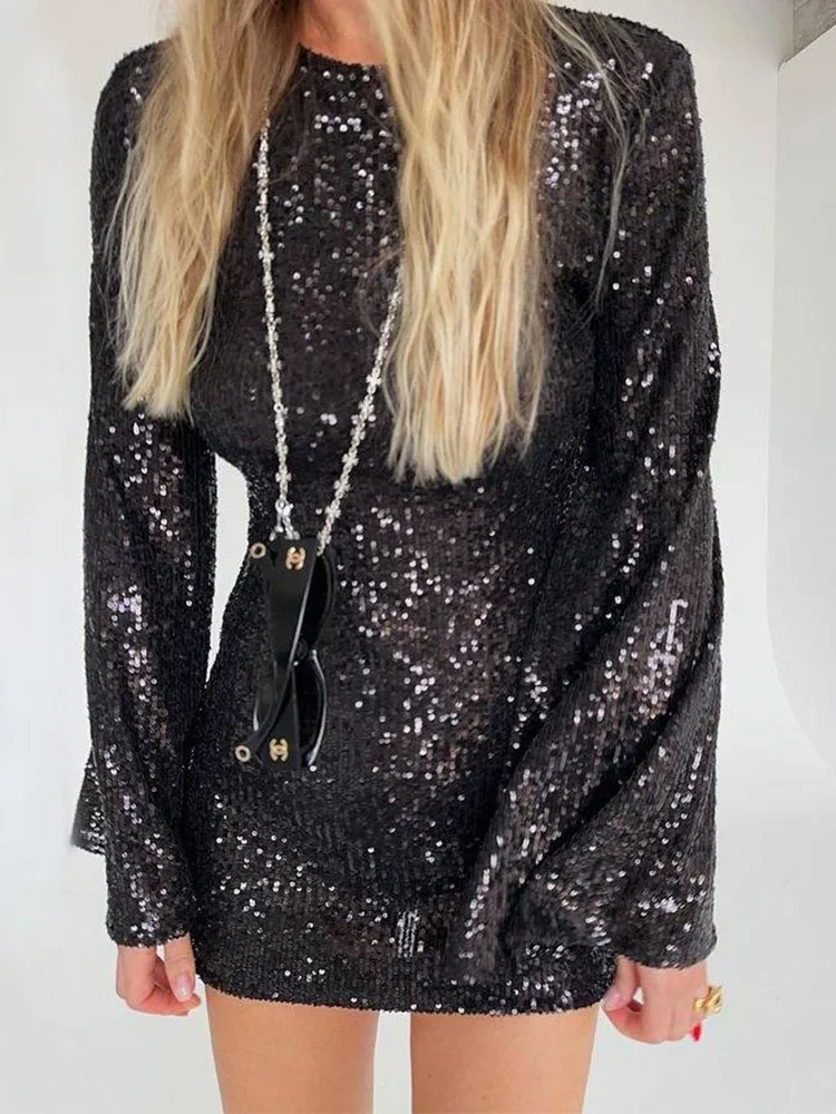 

2024 Fashion Sequins Shiny Flare Sleeve O Neck Mini Dress For Women Elegant Prom Hip Dresses Female Party Club Vestidos Outfits