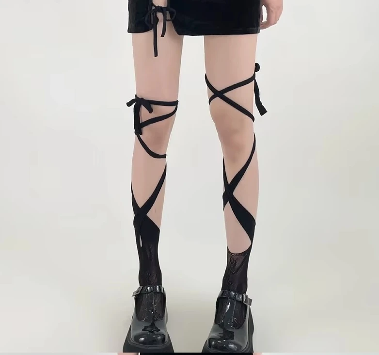 Damen Sexy Bandage-Strümpfe mit Herz- und Blumenmuster, Lolita-Netzstrümpfe, JK-Girl Lolita Netzgarn Lange Strümpfe – Detail 11