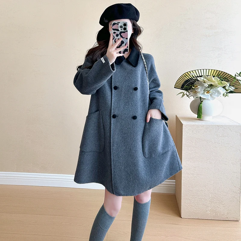 Winter Pregnant Woman Woolen Loose Coats with Pockets Plus Size Pregnancy Outwear Maternity A-line Coats X-long Jackets