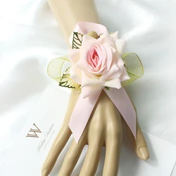 Elegant Red Rose Wrist Corsage Floral Accessory for Weddings and Special Events (Pink)
