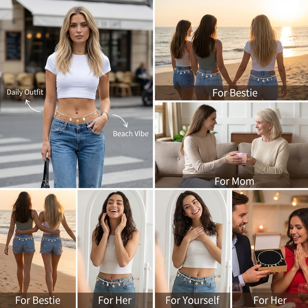 Sommerliche Perlen-Bauchkette für Damen: Goldfarbener Seestern- und Muschelanhänger, Taillenperlen, Bikini-Körperschmuck, Accessoires, Geschenk – Detail 3