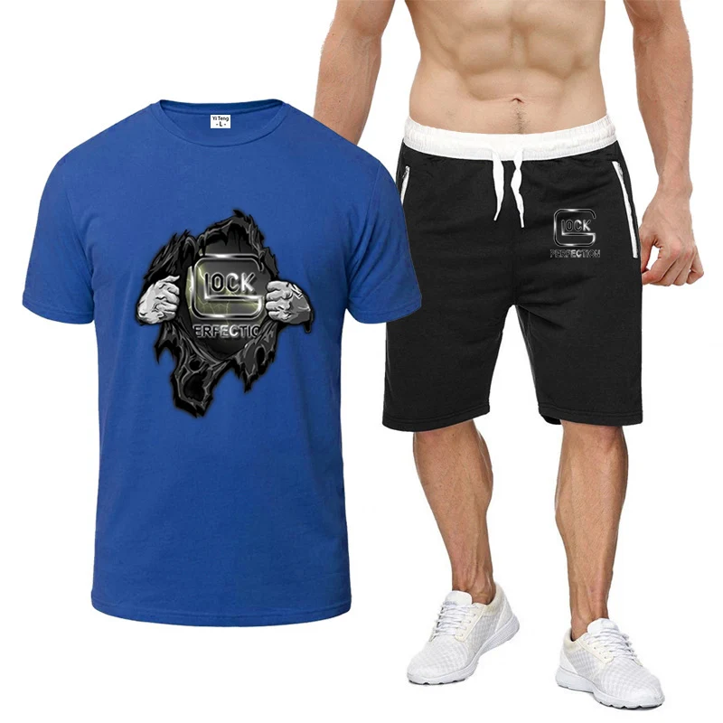 2023 summer new fashion Glock perfect shooting printing men's round neck and short sleeves+sweatpants eight-color suit