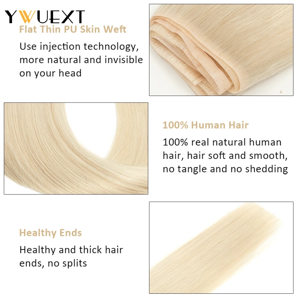 YWUEXT Straight Long Tape Weft Hair Extensions 12"-22" 120cm Long PU Skin Flat Weft Natural Inject Hair Bundles 80-100g