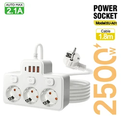 EU AC Plug Power Strip with Independent Switch and USB-C Charging - EU Plug (1.8m White)