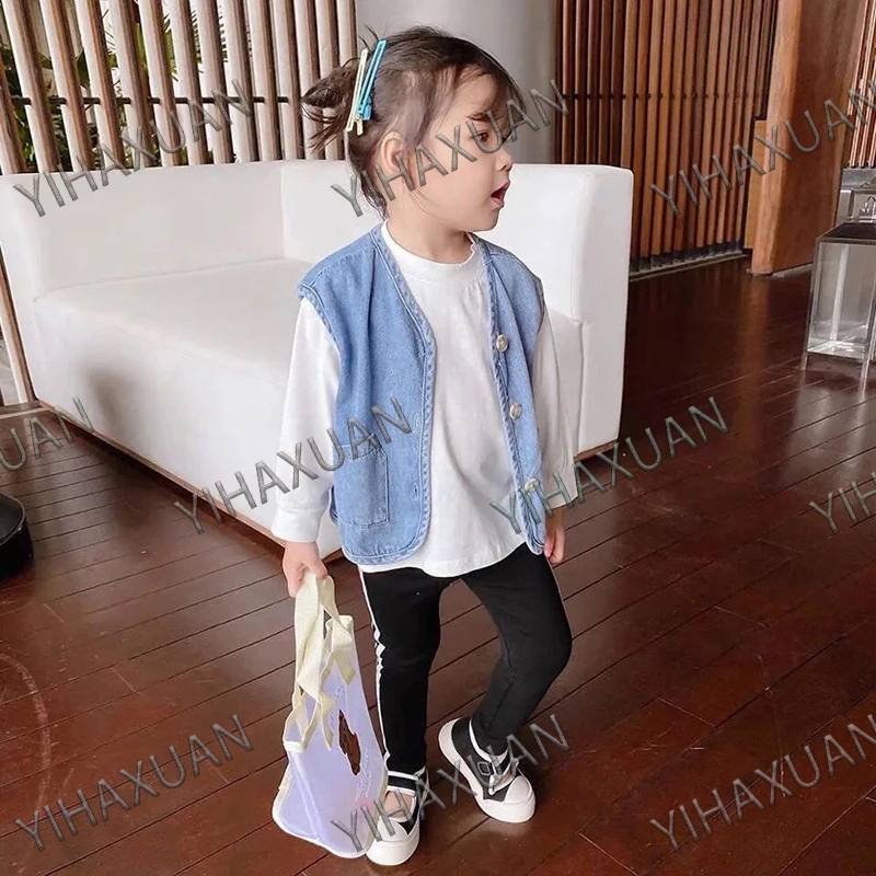 용수철 가을 어린이 데님 조끼, 1-8 세 남아 여아 민소매 재킷, 다목적 조끼, 어린이 캐주얼 겉옷 패션