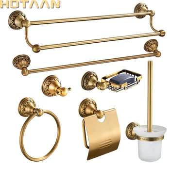 Antique Brass Bathroom Accessories Set – Aluminium Towel Bar, Hook, Paper Holder & Soap Basket 1