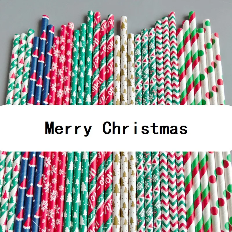 

25pcs Christmas Paper Straws Santa XMAS Tree Letter Geometric Stripped Straws Christmas Decoration for Home Party Navidad 2020