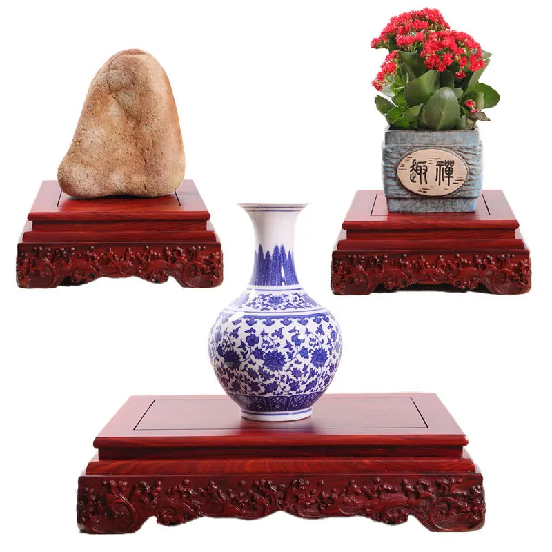 Black Sandalwood Rectangular Square Base with Carved vases, Bonsai Buddha Statue Decorations, Jade, Solid Wood Brackets