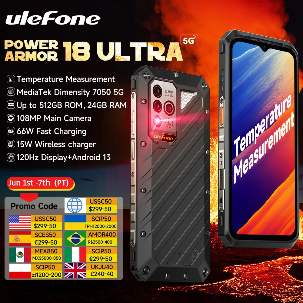 Ulefone Power Armor 18 Ultra 5G Rugged Phone 512GB ROM +24GB RAM Android 13 6.58" 120Hz Smartphone 108MP Camera,9600 mAh 66W NFC