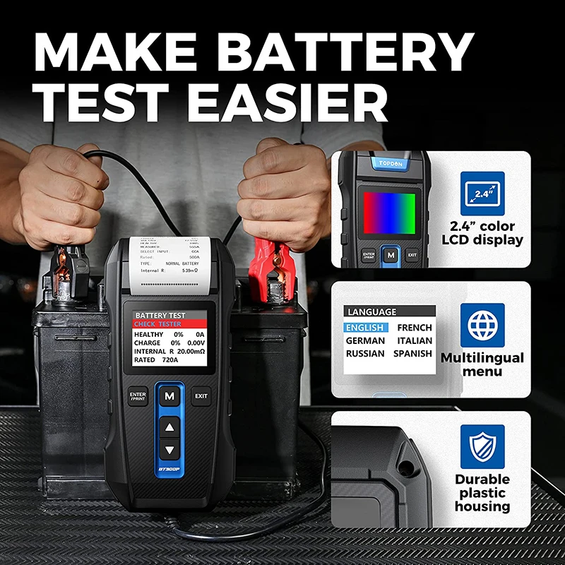 TOPDON BT300P Battery Tester with Printing 12V Digital Charging Cranking Test Tools for Car Auto Analyzer Vehicle 100-2000CCA 5