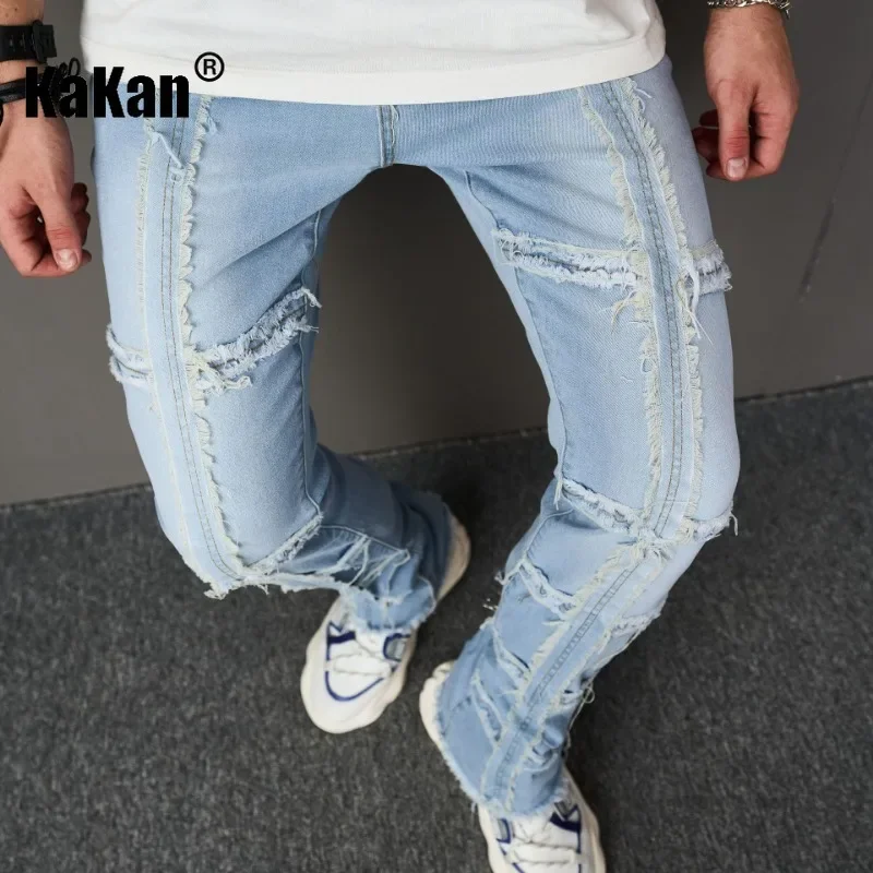 Kakan - European and American New Patch Slim Fit Pencil Pants Jeans for Men, Blue Feet Elastic Long Jeans K9-908