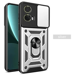 Durable Armor Case with Magnetic Stand Holder and Ring for Moto E14 (Silver)