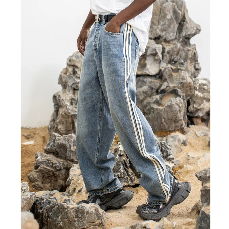 

Men's French Brand Boyfriend Streetwear Fashion Loose Casual Side Stripe Vintage Denim Baggy Jeans Pants Man Harem Jean Trousers