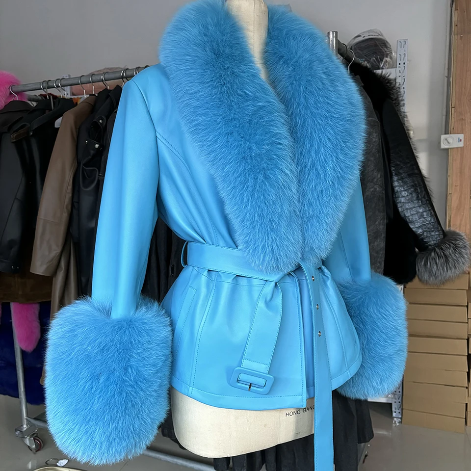 YOLOAgain Real Fox Fur Collar Real Leather Jacket Women 2025
