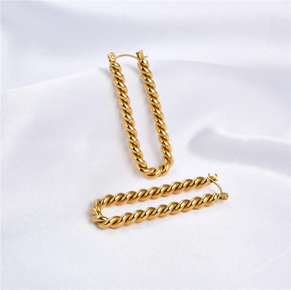 Classics Geometric Square Twisted Huggie Hoop Earrings for Women Gold Plated Metal Stainless Steel Big Ear Buckle Retro Jewelry