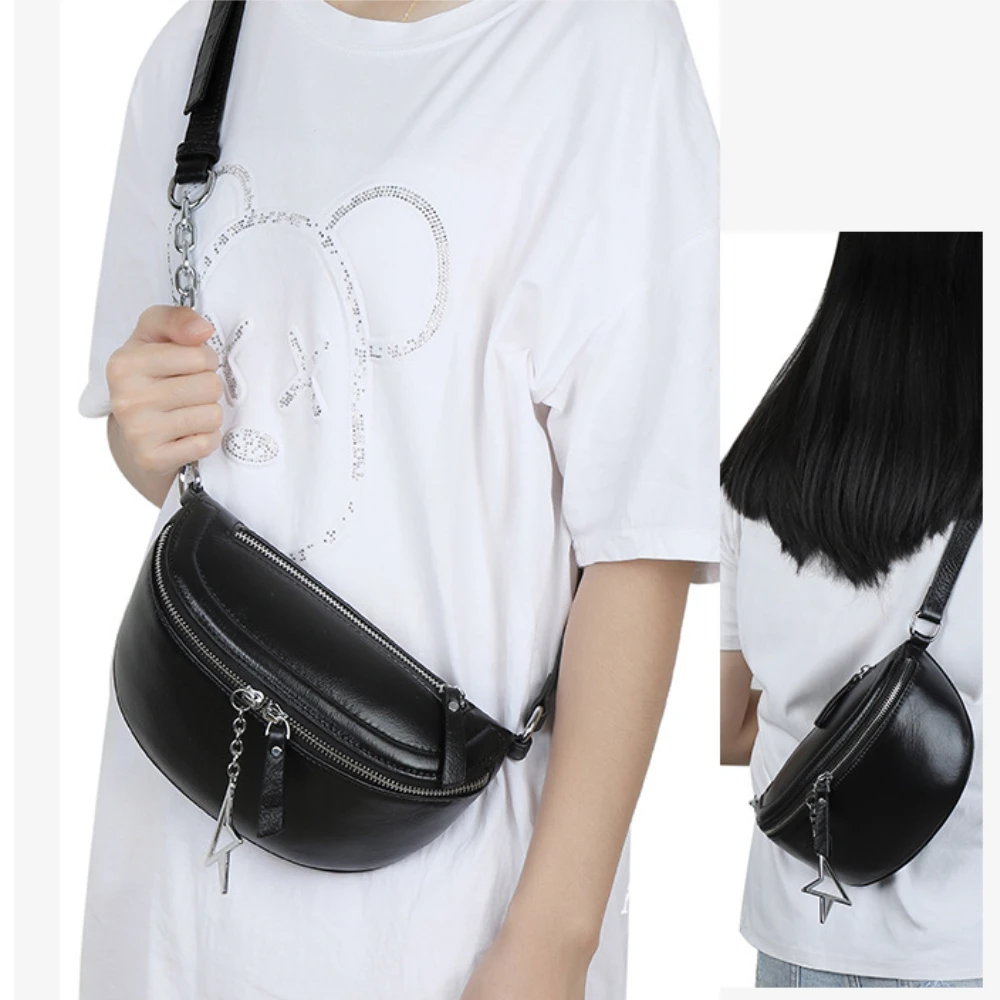 Genuine Leather Waist Bag Casual Versatile Large Capacity Chest Bag Chain Cross-body Bag