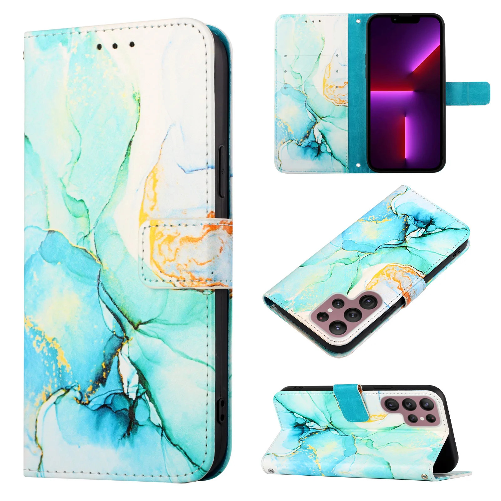 Luxury Marble Leather Crossbody Book Case with 3 Card Holder & Wrist Rope Wallet Cover