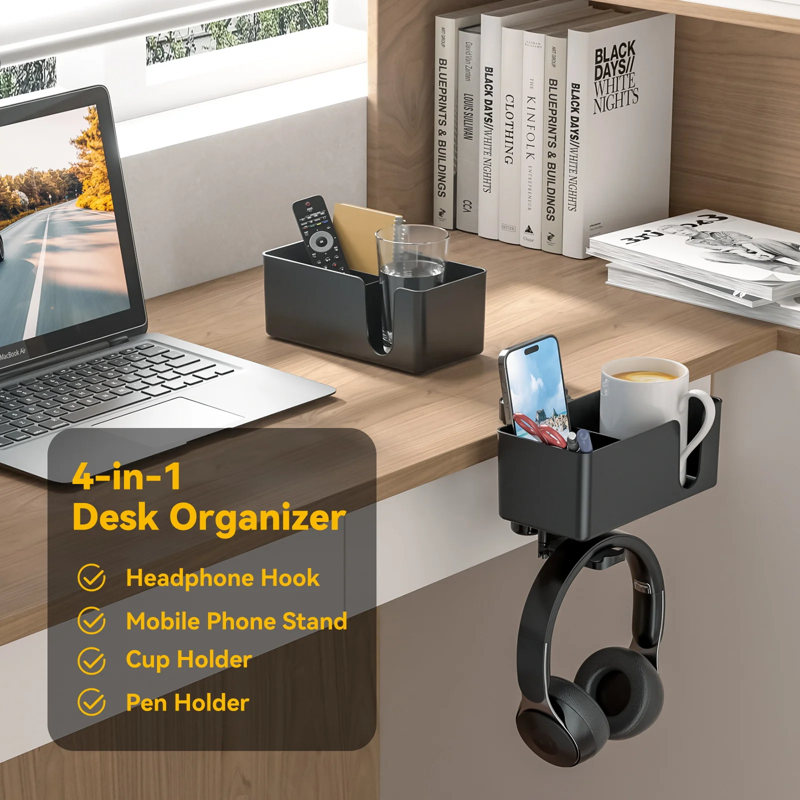 4 in 1 Desk Headphone Hanger Clamp on Under Desk Cup Holder Rotating Headphone Holder Detachable Pen Cup Holder Desk Storage