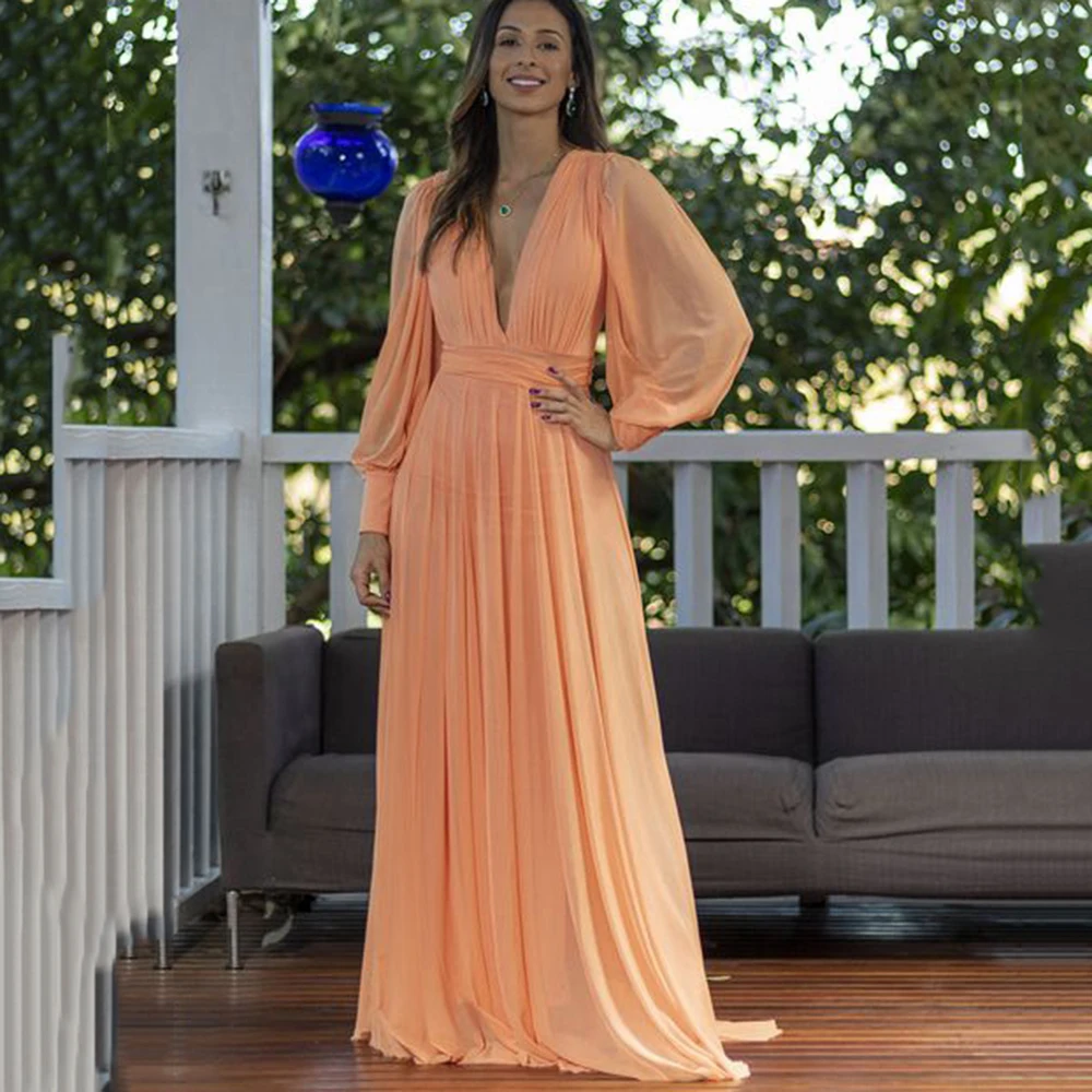 

Sexy 2023 Bridesmaid Dresses Chiffon Deep V Neck Balloon Sleeves Boho Vestidos De Fiesta Para Bodas Floor Length Evening Gown