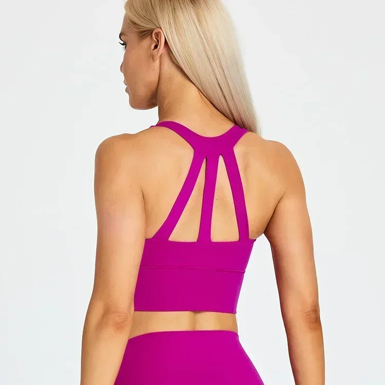 Lemon Brushed Nylon Strappy Longline Sports Bra for Women Gym Wirefree Padded Medium Impact Workout Crop Tank Top Active Wear