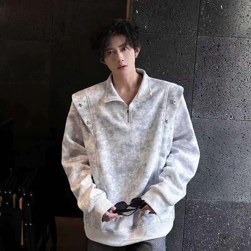 Half-zip tie-dyed shoulder pad sweatshirt for men, spring and autumn silhouette, deconstructed design top, high-end dirty jacket