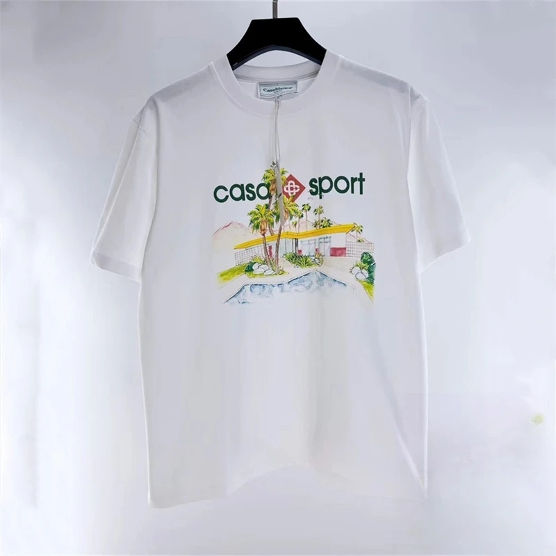 

2023 Summer Anime Casablanca Logo T-Shirt Men Women Harajuku Casa Blanca Top Quality Coconut Print Tees with Tag Anime Tshirt