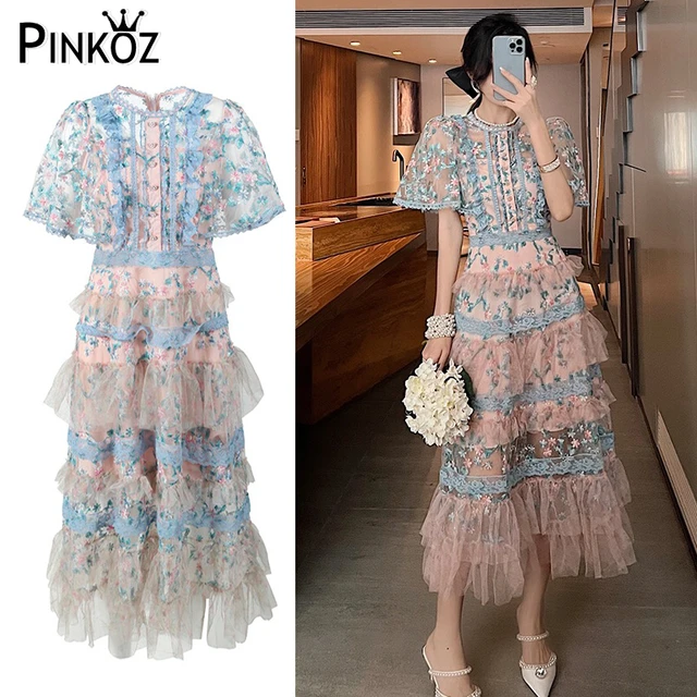 Pinkoz women designer layered cascading violet floral embroideried