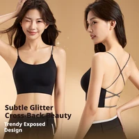 Soft Seamless Wireless Sports Cami Bra Sparkling Shiny Straps Criss Cross Back Padded Stretch Tank Top For Yoga Running Fitness